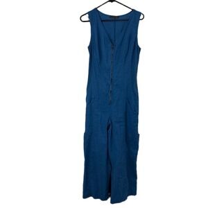 Wearables Jumpsuit Womens Small Blue Zip Front Sleeveless Wide Leg Cargo Linen